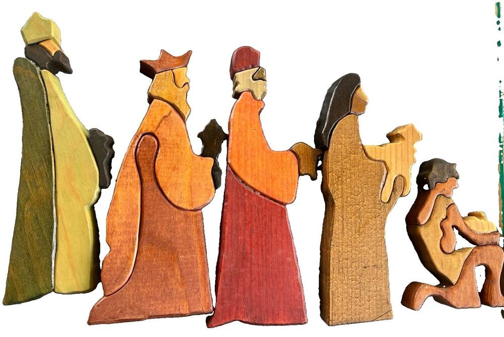 Handmade 5 pc Wooden Nativity Set 7 inches tall Multi Color Wood Stains